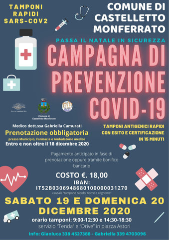 CORONAVIRUS: passa il Natale in Sicurezza "Campagna di Prevenzione Covid-19” con tamponi rapidi, Sabato 19 e Domenica 20 dicembre 2020